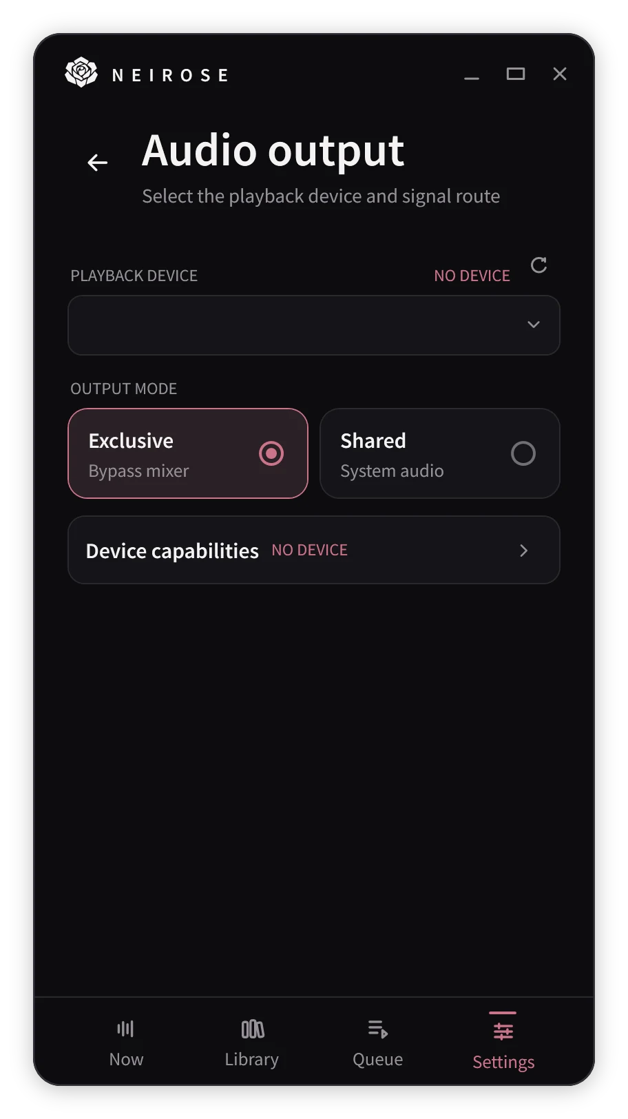 Audio output settings with Playback device above side-by-side Exclusive and Shared choices.