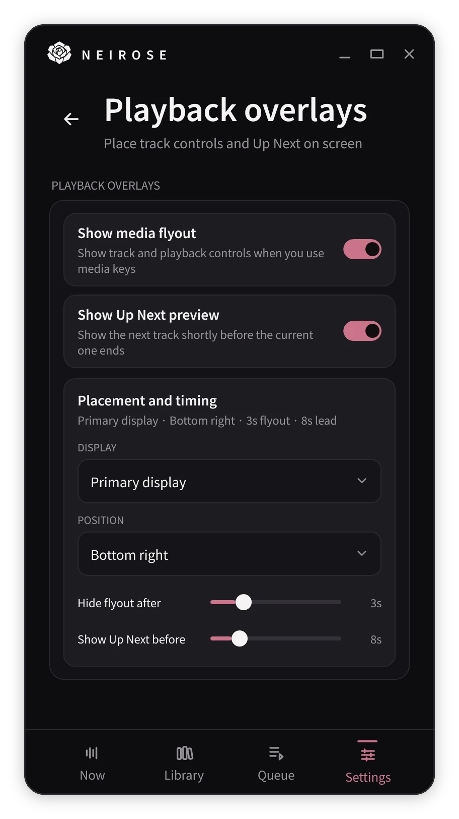 The Playback overlays settings with Show media flyout and Show Up Next preview switches, display and position choices, and timing sliders.