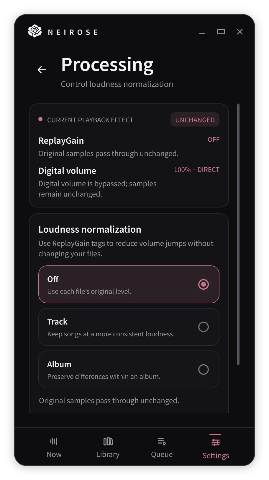 The Processing settings with the Current playback effect summary, ReplayGain and Digital volume status, and Off, Track, and Album loudness choices.