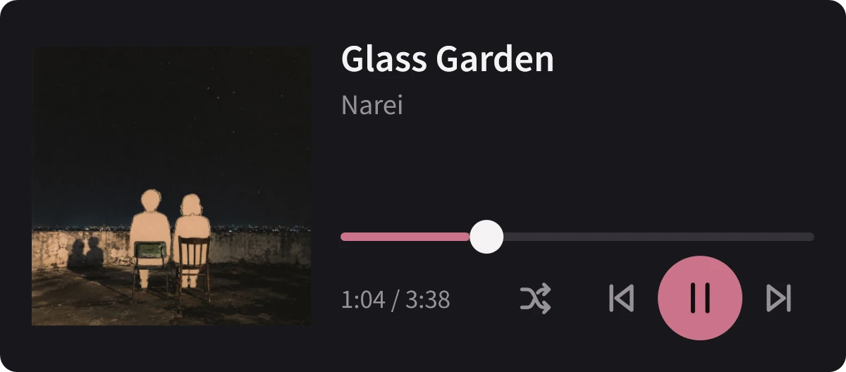 The Neirose media flyout showing Glass Garden by Narei with artwork, a seek bar, and playback controls.