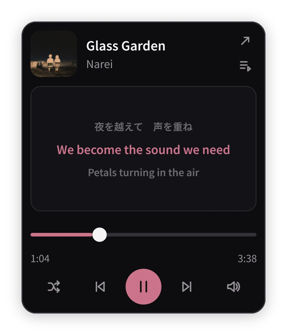 The widget mini-player showing Glass Garden by Narei, synchronized lyrics with the current line highlighted, a seek bar, and playback controls.