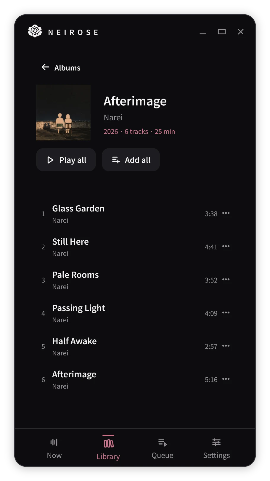 Neirose Portrait Album in Ink theme, captured from the Windows application.