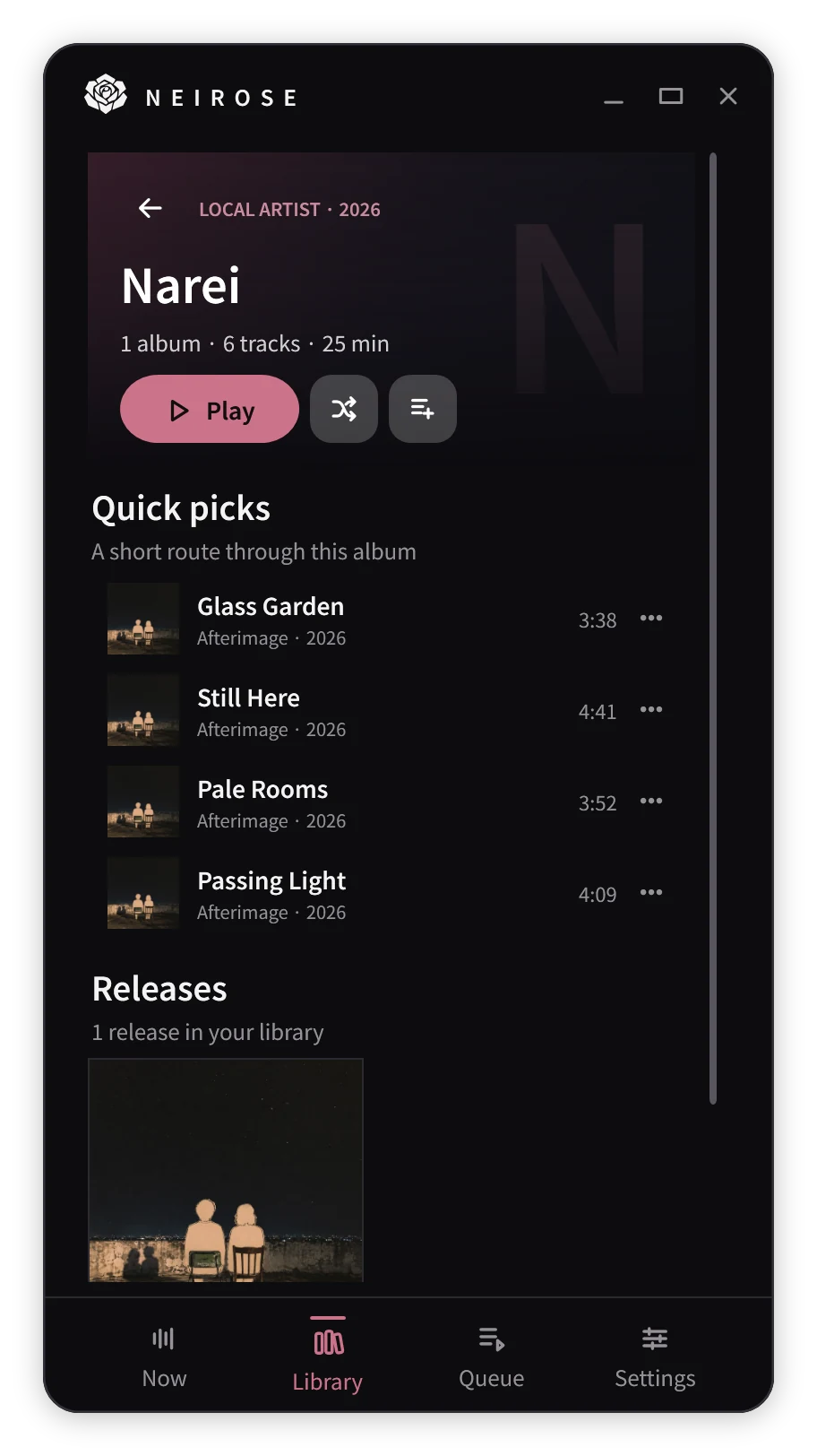 An artist page with a Play button, quick picks, and the artist’s releases.