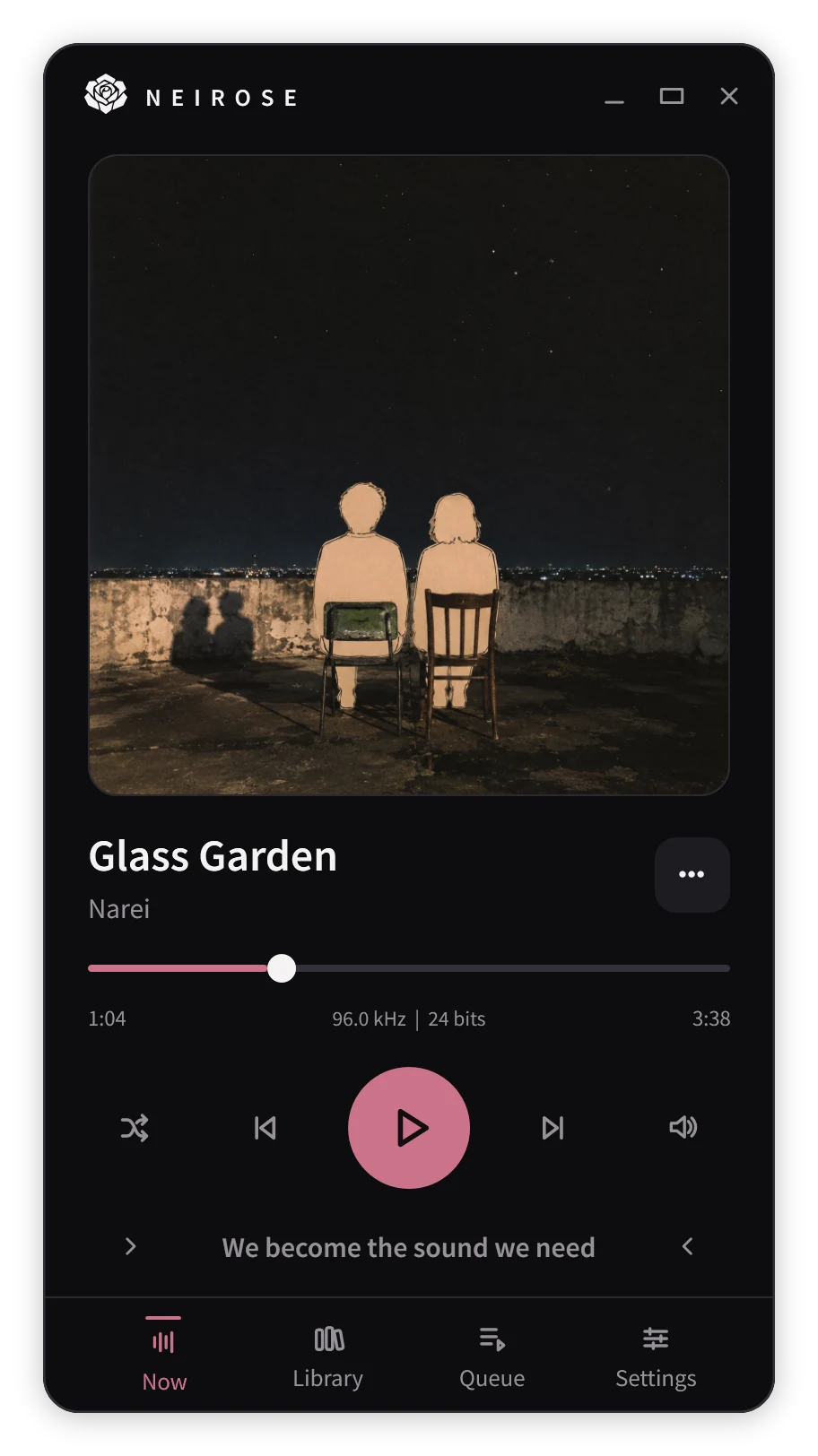 Portrait Now Playing with album artwork, the track title, a seek bar with the source format, playback controls, and the current lyric line.