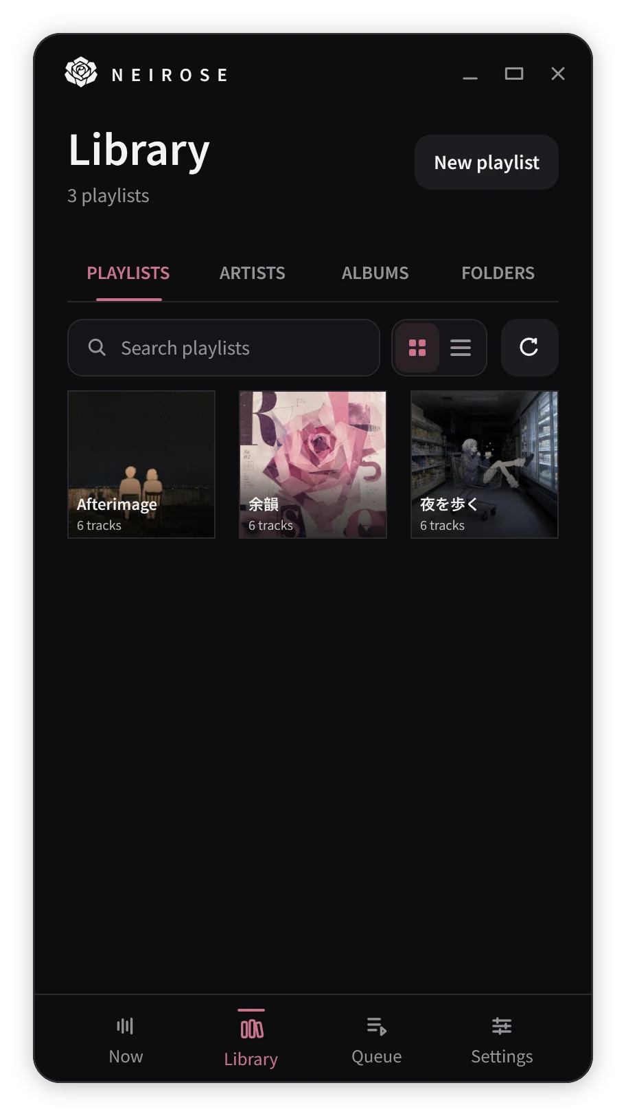 Neirose Portrait Playlist Grid in Ink theme, captured from the Windows application.